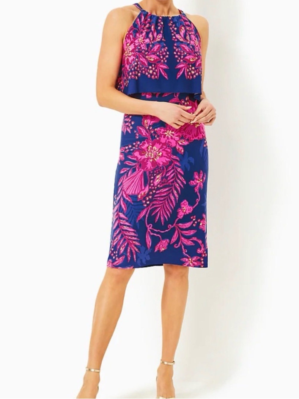 Lilly Pulitzer Navy and Hot Pink Tropical Print dress. Stella Mae halter dress - Picture 5 of 7